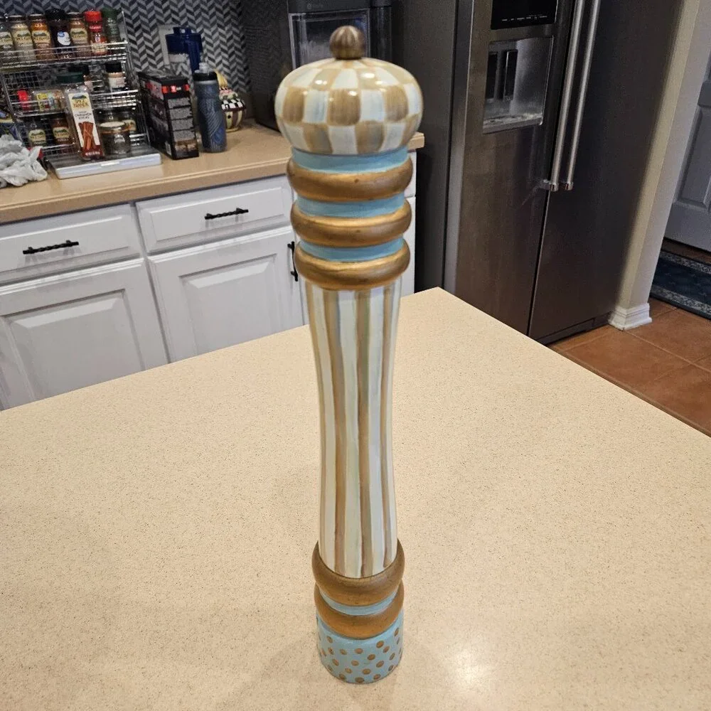 RARE RETIRED MACKENZIE CHILDS TALL PARCHMENT CHECK WOOD SALT PEPPER MILL GRINDER